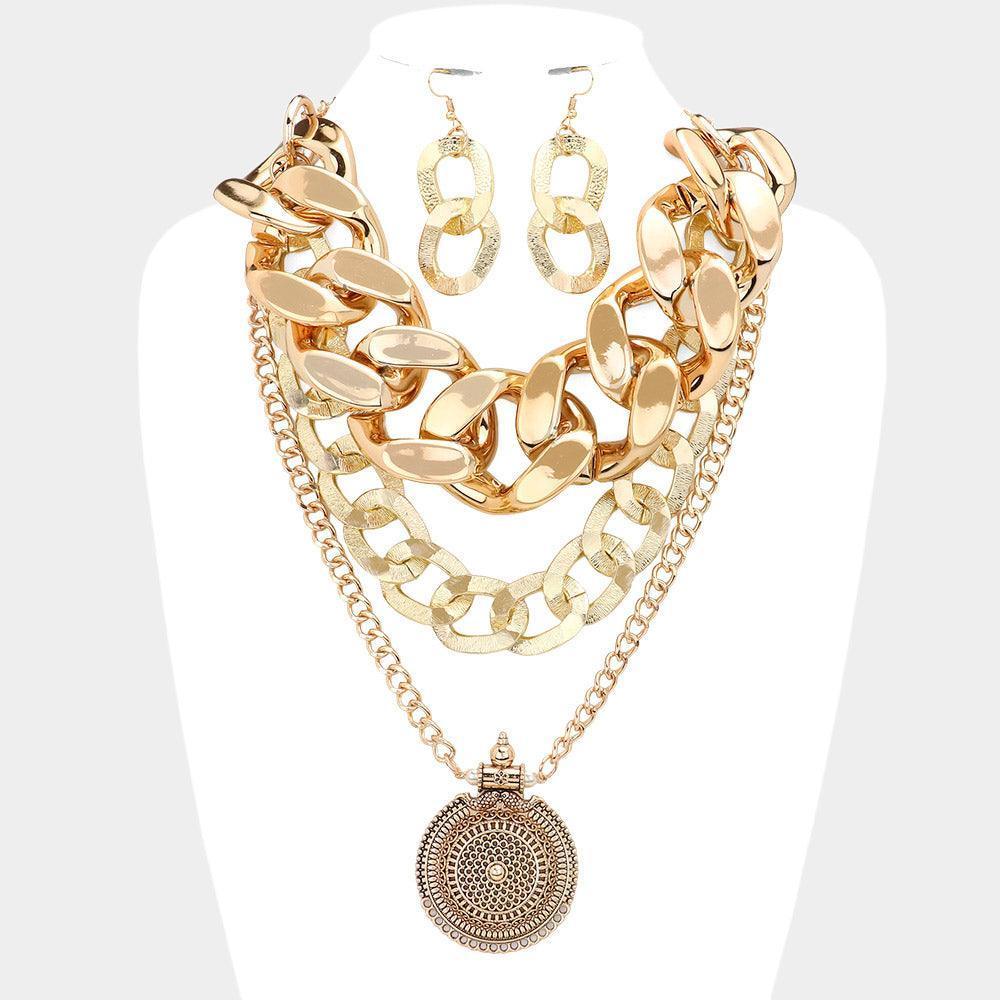 Gold Antique Metal Round Accented Chain Link Statement Necklace - Jewelry Store by Erik Rayo