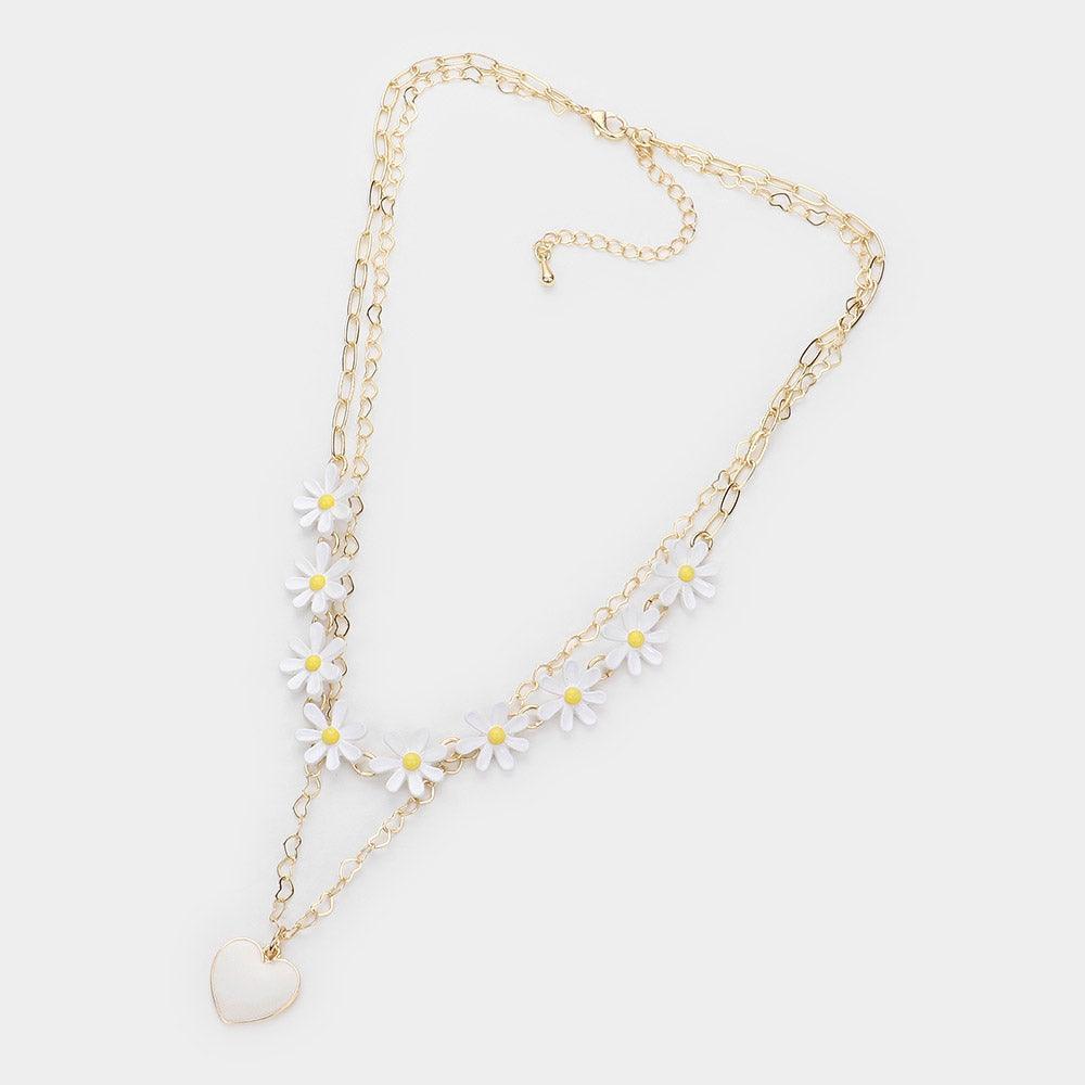 White Enamel Heart Pendant Flower Link Double Layered Necklace - Jewelry Store by Erik Rayo