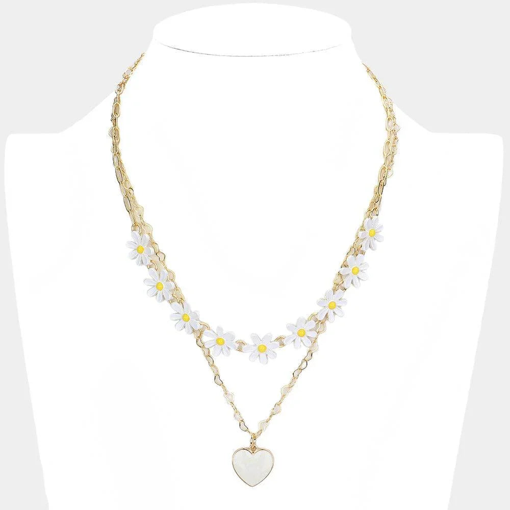 White Enamel Heart Pendant Flower Link Double Layered Necklace - Jewelry Store by Erik Rayo