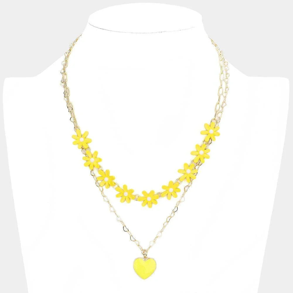 Yellow Enamel Heart Pendant Flower Link Double Layered Necklace - Jewelry Store by Erik Rayo