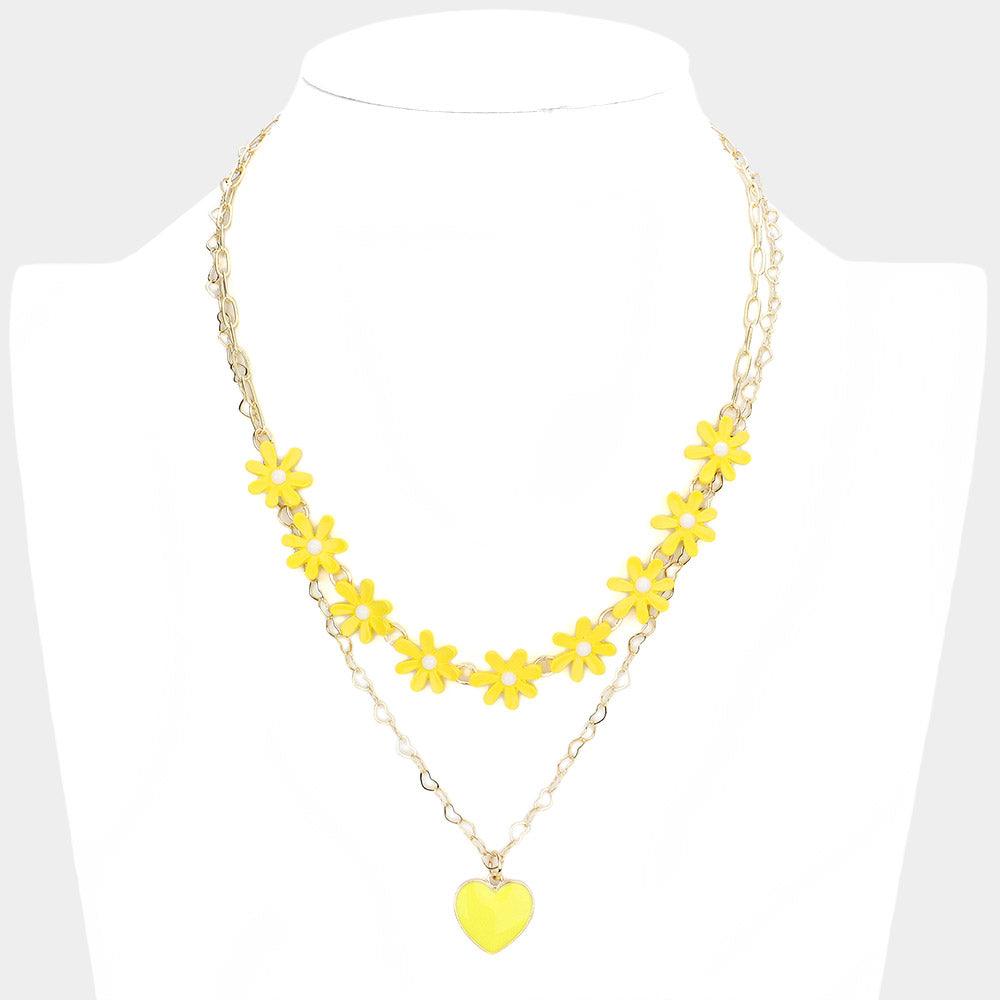 Yellow Enamel Heart Pendant Flower Link Double Layered Necklace