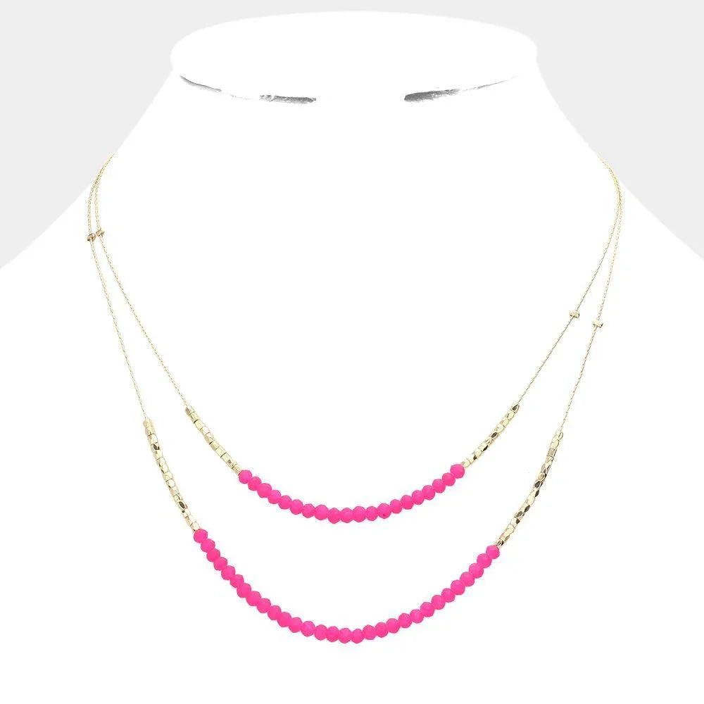 Fuchsia Faceted Beaded Double Layered Bib Necklace - Jewelry Store by Erik Rayo