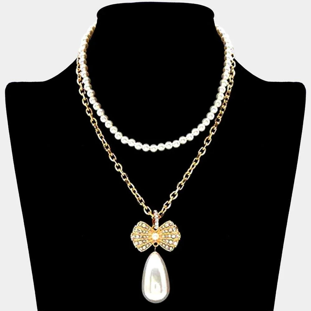 Gold Pearl Chain Layered Rhinestone Pave Ribbon Pearl Dangle Pendant Necklace - Jewelry Store by Erik Rayo