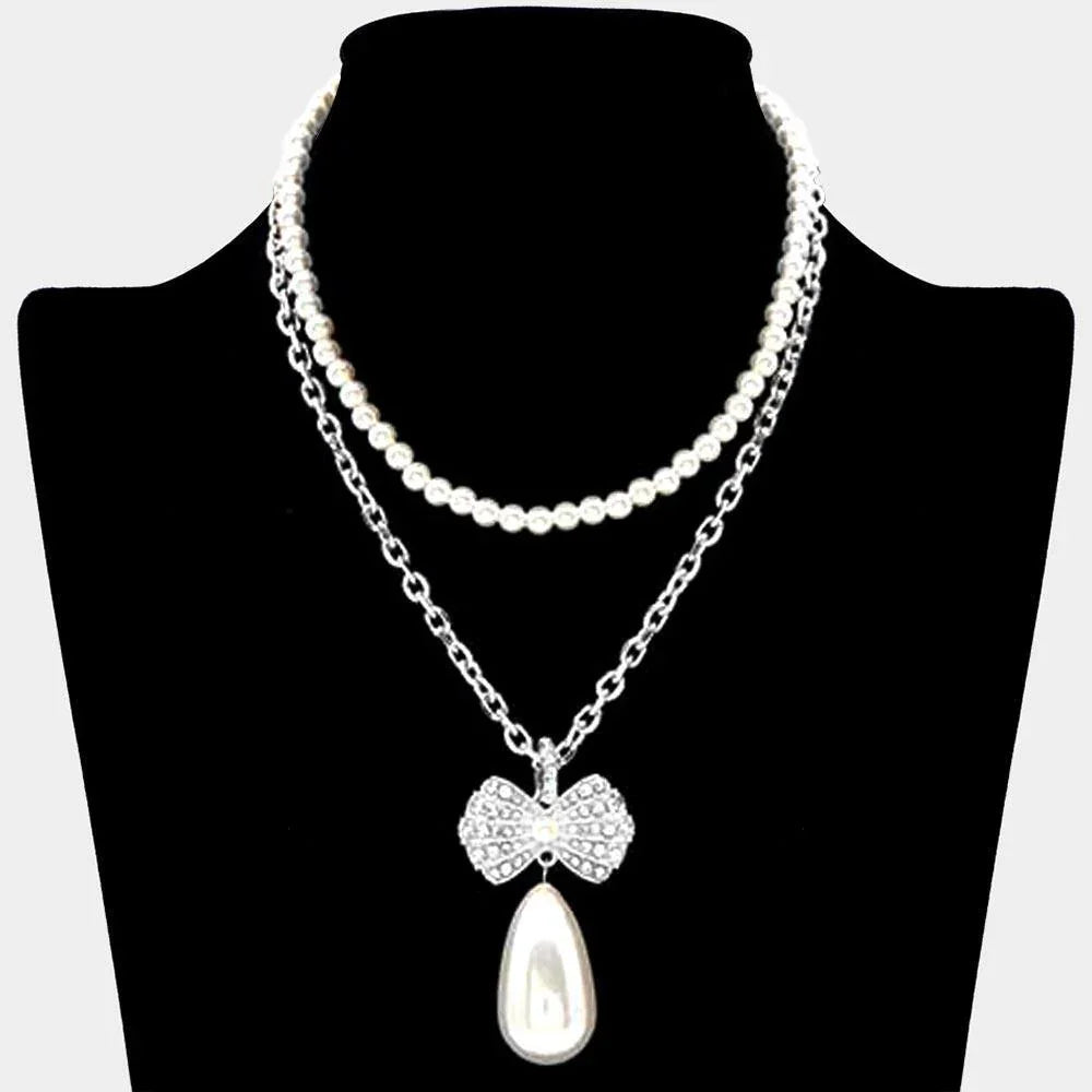 Pearl Chain Layered Rhinestone Pave Ribbon Pearl Dangle Pendant Necklace - Jewelry Store by Erik Rayo