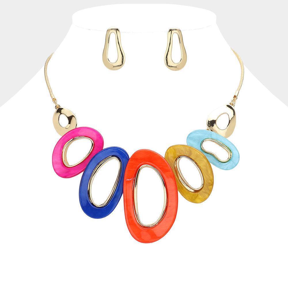 Gold Marbled Bead Accented Abstract Open Oval Statement Necklace - Jewelry Store by Erik Rayo