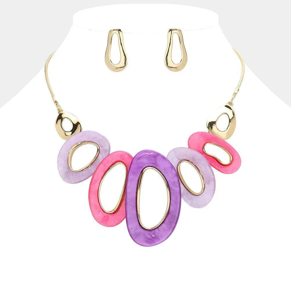 Gold Marbled Bead Accented Abstract Open Oval Statement Necklace - Jewelry Store by Erik Rayo