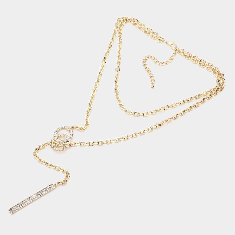 Gold Stone Embellished Double Open Circle Link Dropped Bar Double Layered Toggle Necklace - Jewelry Store by Erik Rayo
