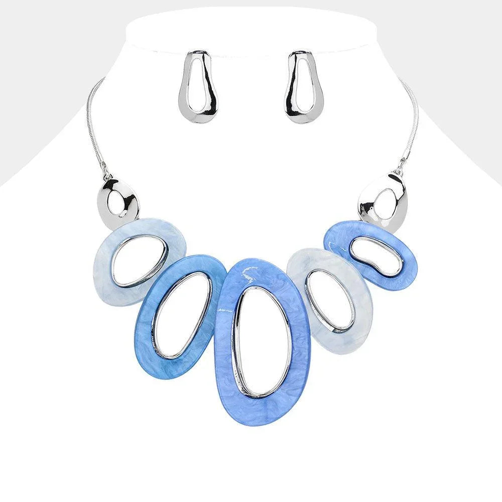 Silver Marbled Bead Accented Abstract Open Oval Statement Necklace - Jewelry Store by Erik Rayo