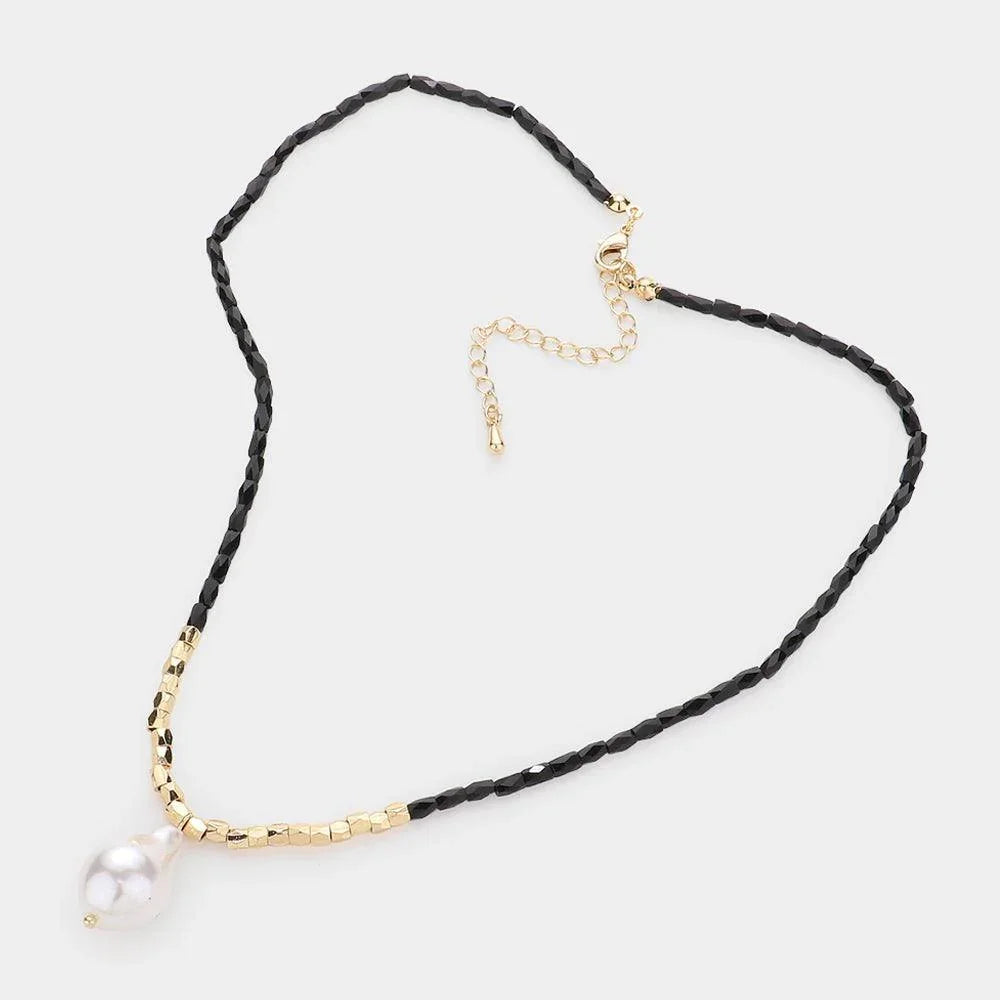 Black Pearl Pendant Faceted Rectangle Beaded Necklace - Jewelry Store by Erik Rayo