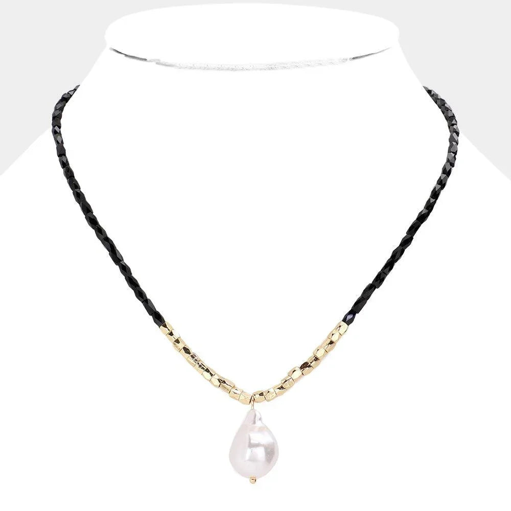 Black Pearl Pendant Faceted Rectangle Beaded Necklace - Jewelry Store by Erik Rayo