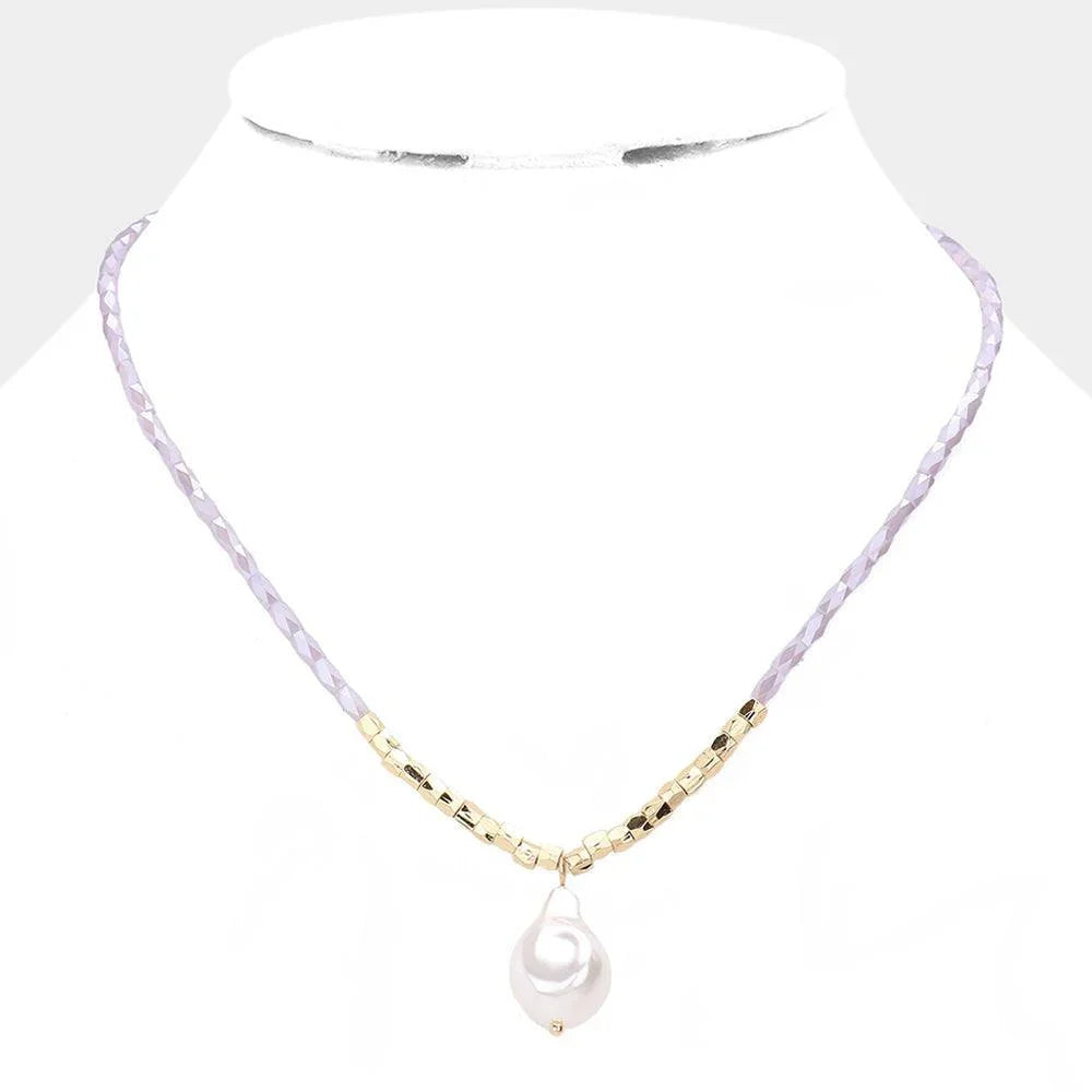 Lavender Pearl Pendant Faceted Rectangle Beaded Necklace - Jewelry Store by Erik Rayo