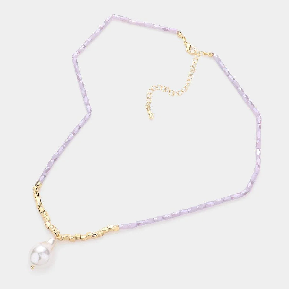 Lavender Pearl Pendant Faceted Rectangle Beaded Necklace - Jewelry Store by Erik Rayo