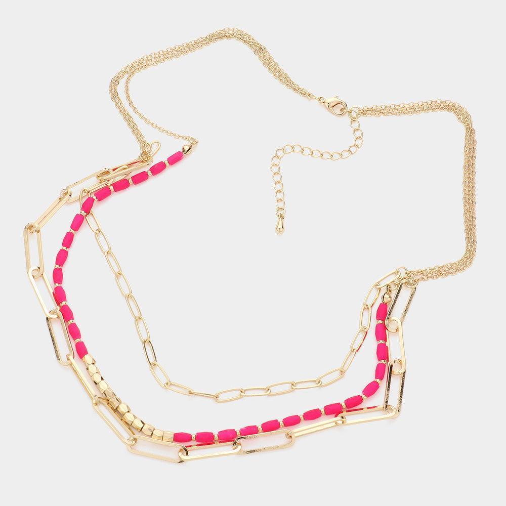 Fuchsia Open Metal Oval Link Faceted Rectangle Beaded Triple Layered Necklace - Jewelry Store by Erik Rayo