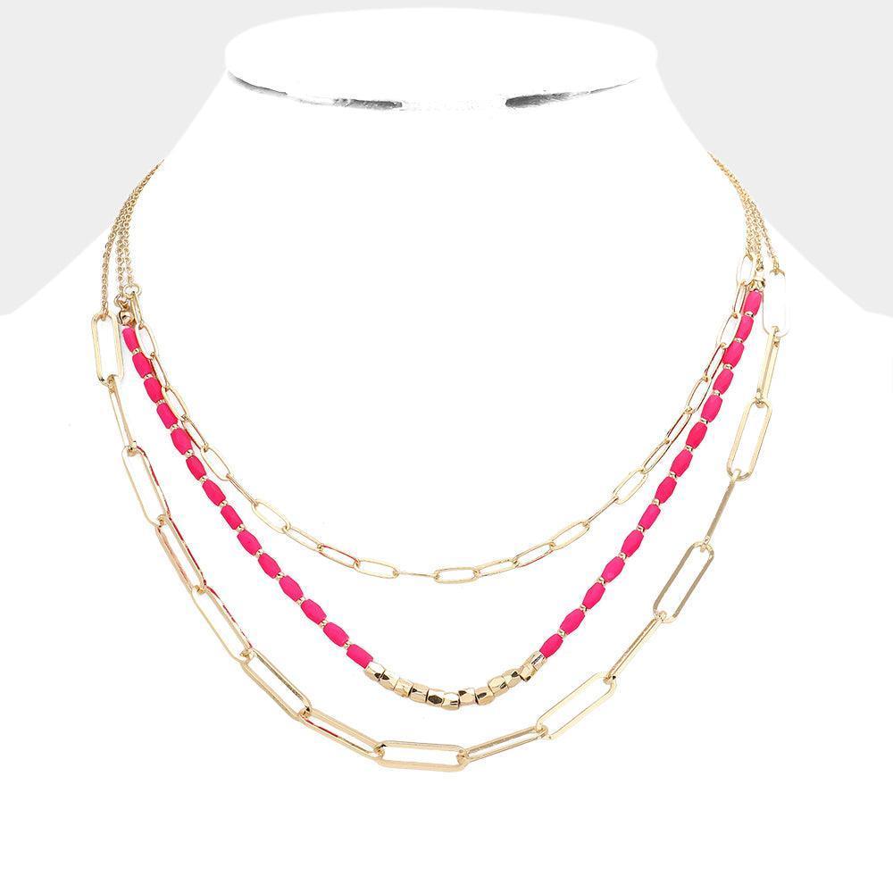 Fuchsia Open Metal Oval Link Faceted Rectangle Beaded Triple Layered Necklace - Jewelry Store by Erik Rayo