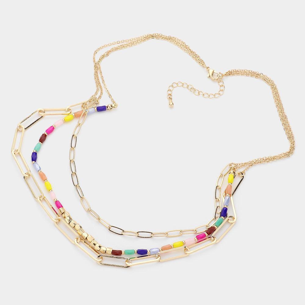 Open Metal Oval Link Faceted Rectangle Beaded Triple Layered Necklace - Jewelry Store by Erik Rayo