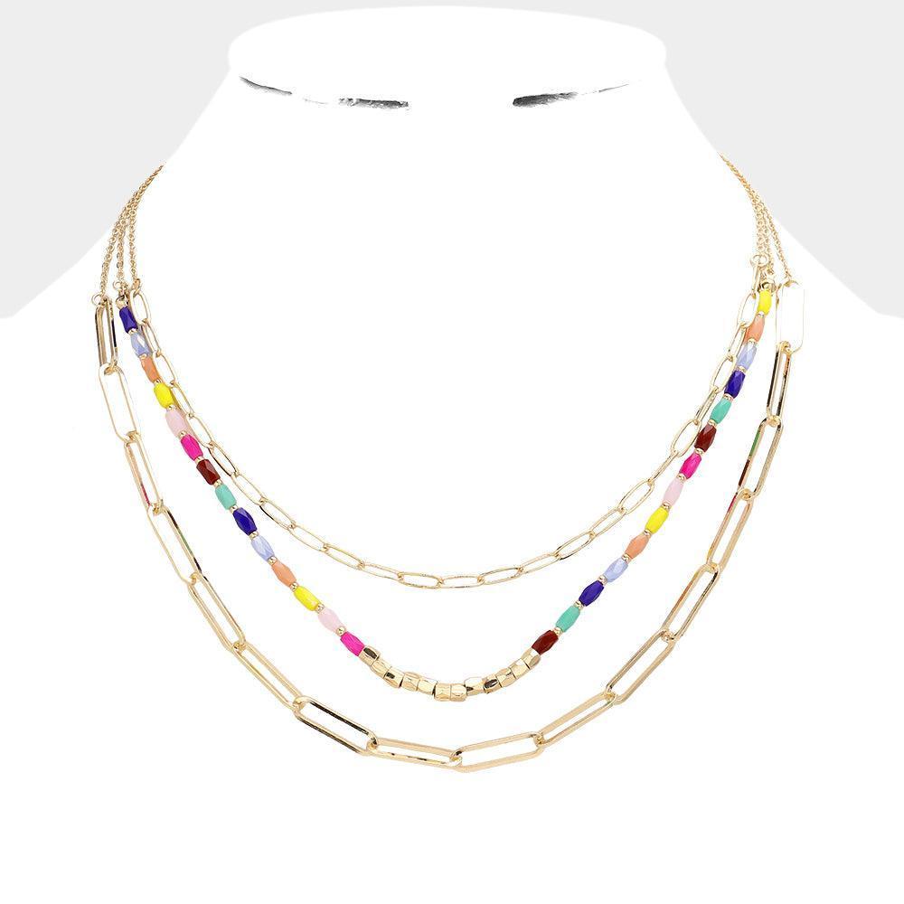 Open Metal Oval Link Faceted Rectangle Beaded Triple Layered Necklace - Jewelry Store by Erik Rayo