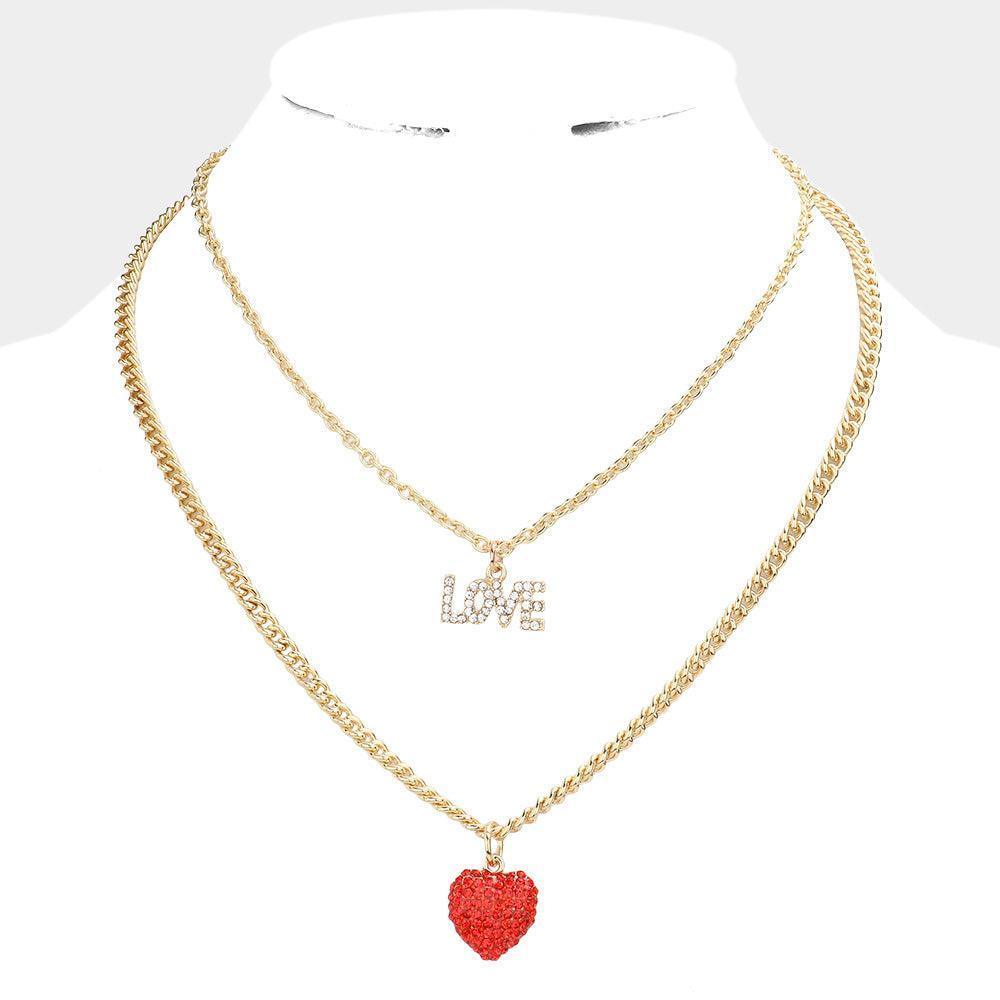 Gold Stone Embellished LOVE Heart Pendant Double Layered Necklace - Jewelry Store by Erik Rayo