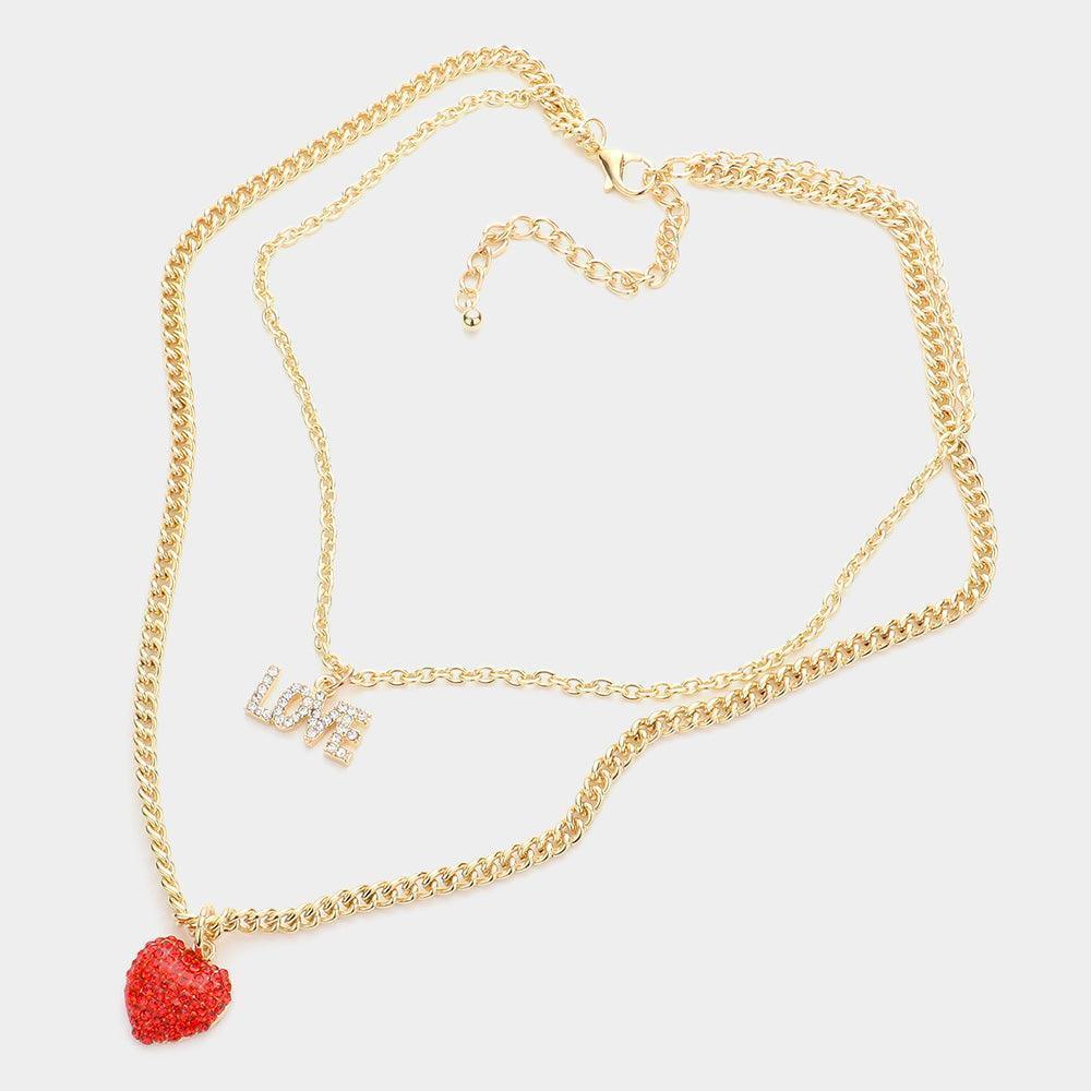 Gold Stone Embellished LOVE Heart Pendant Double Layered Necklace - Jewelry Store by Erik Rayo