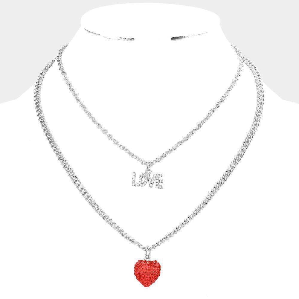 Stone Embellished LOVE Heart Pendant Double Layered Necklace - Jewelry Store by Erik Rayo
