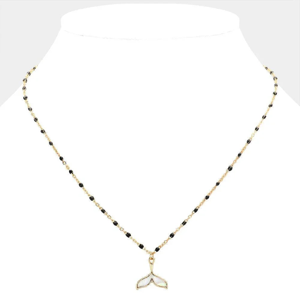 Black Mother Of Pearl Beads Station Whale Tail Pendant Necklace - Jewelry Store by Erik Rayo
