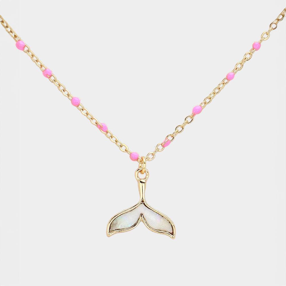 Pink Mother Of Pearl Beads Station Whale Tail Pendant Necklace - Jewelry Store by Erik Rayo