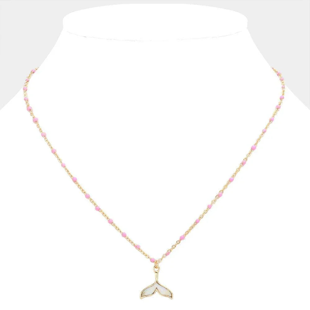 Pink Mother Of Pearl Beads Station Whale Tail Pendant Necklace - Jewelry Store by Erik Rayo