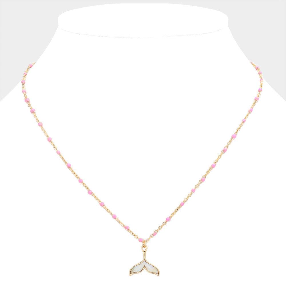 Pink Mother Of Pearl Beads Station Whale Tail Pendant Necklace