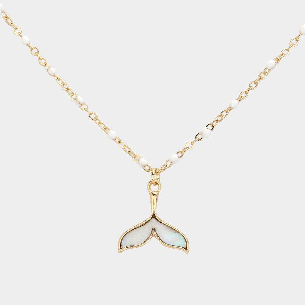 White Mother Of Pearl Beads Station Whale Tail Pendant Necklace - Jewelry Store by Erik Rayo