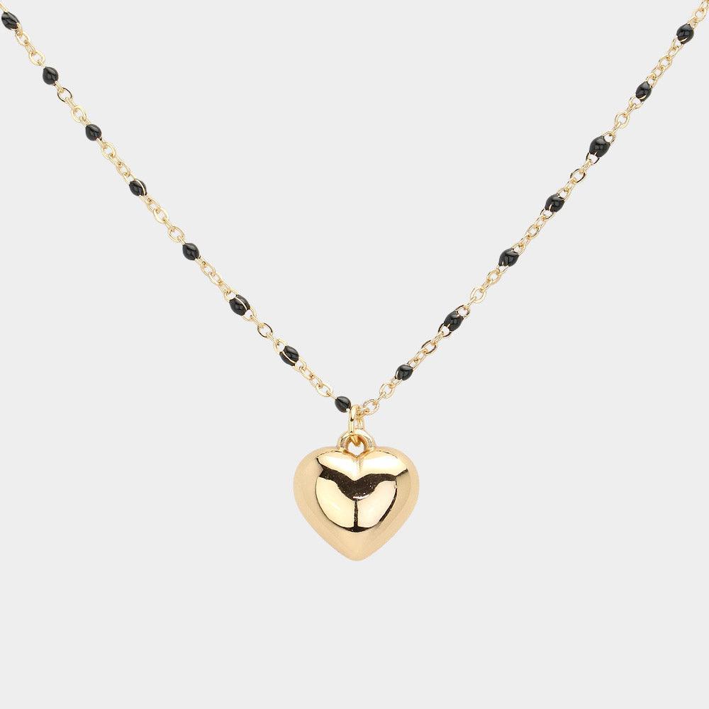 Black Beads Station Metal Heart Pendant Necklace - Jewelry Store by Erik Rayo