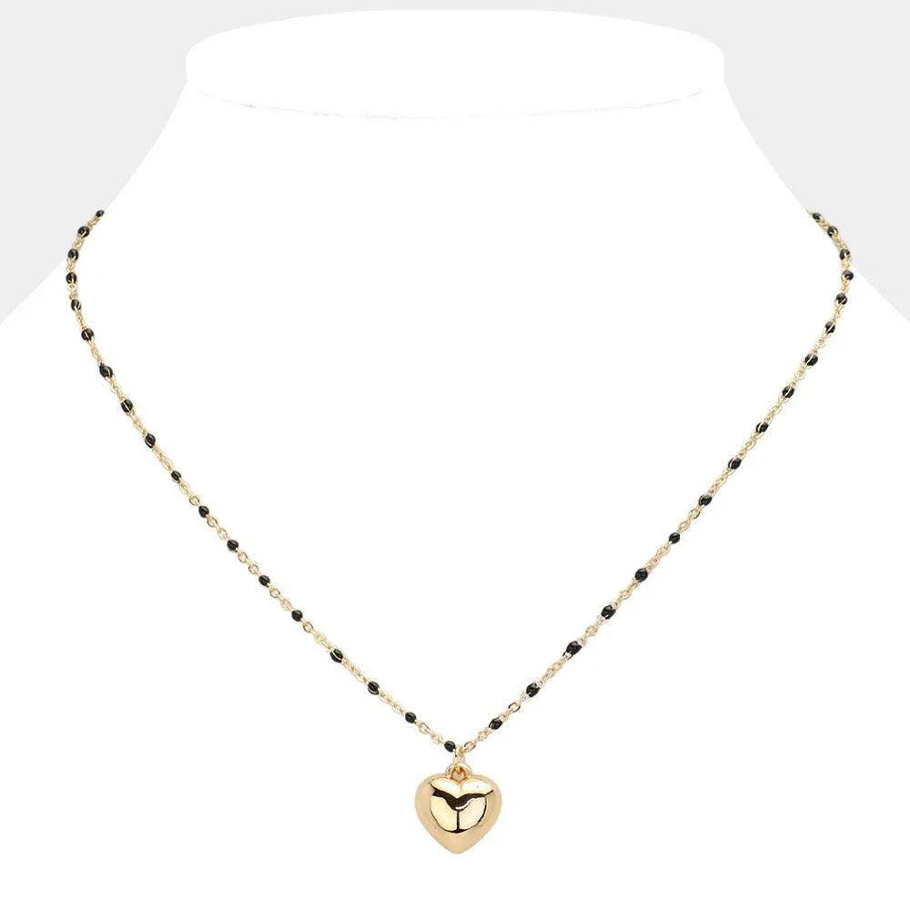 Black Beads Station Metal Heart Pendant Necklace - Jewelry Store by Erik Rayo