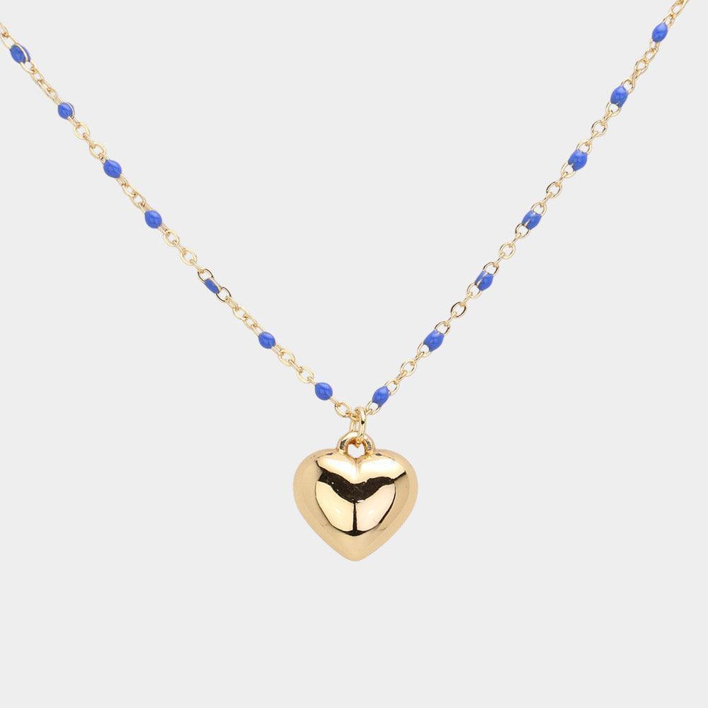 Blue Beads Station Metal Heart Pendant Necklace - Jewelry Store by Erik Rayo