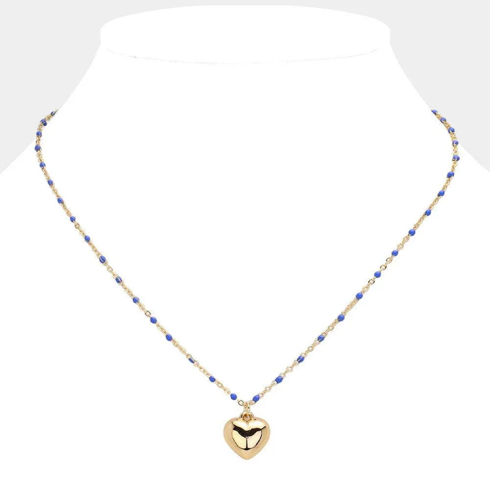 Blue Beads Station Metal Heart Pendant Necklace - Jewelry Store by Erik Rayo
