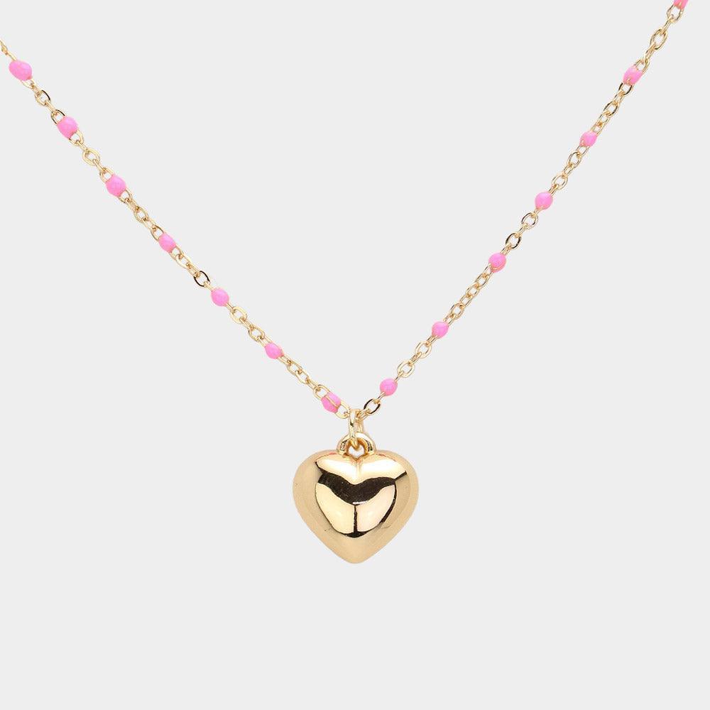 Pink Beads Station Metal Heart Pendant Necklace - Jewelry Store by Erik Rayo