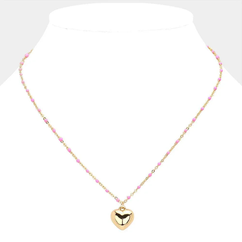 Pink Beads Station Metal Heart Pendant Necklace - Jewelry Store by Erik Rayo