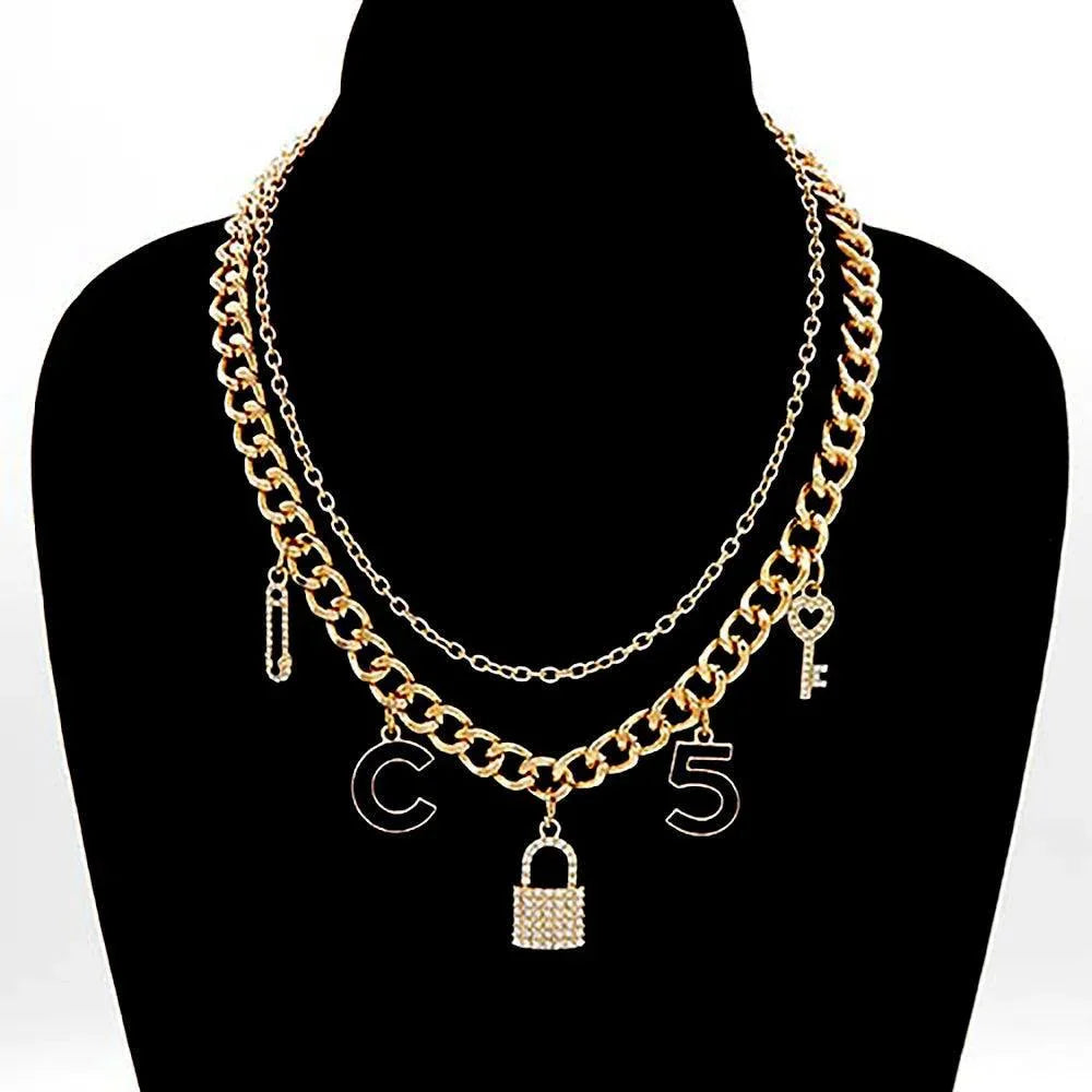 Gold Safety Pin C Lock No. 5 Heart Key Pendant Double Layered Necklace - Jewelry Store by Erik Rayo
