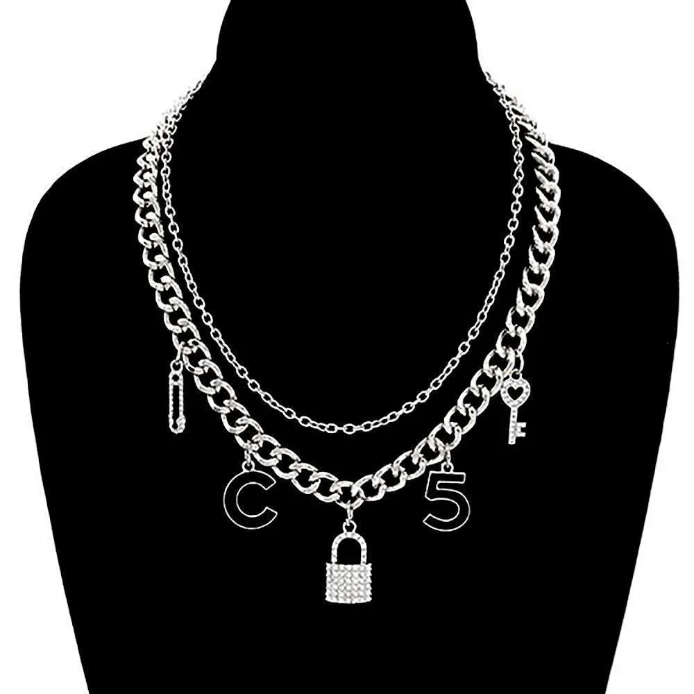 Safety Pin C Lock No. 5 Heart Key Pendant Double Layered Necklace - Jewelry Store by Erik Rayo