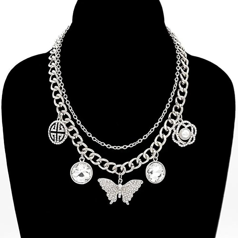 Greek Pattern Round Stone Butterfly Pearl Centered Flower Pendant Double Layered Necklace - Jewelry Store by Erik Rayo