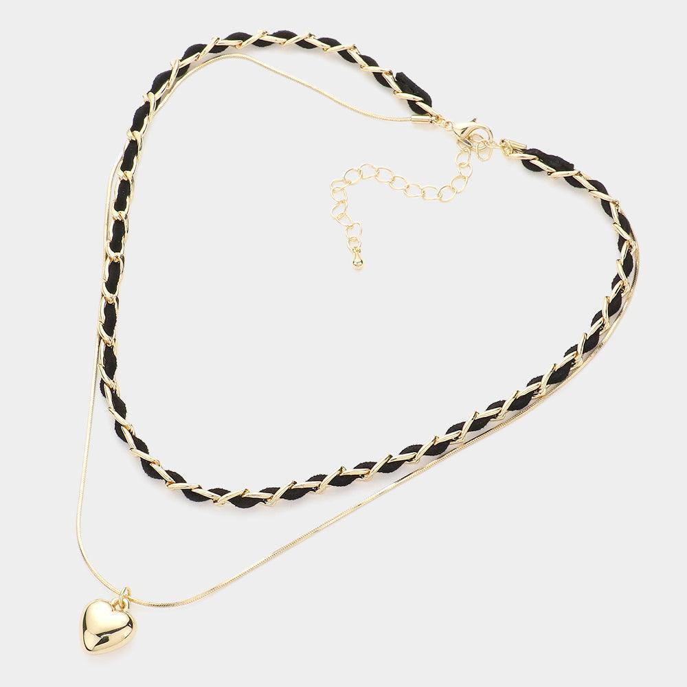 Gold Faux Suede Double Layered Metal Heart Pendant Necklace - Jewelry Store by Erik Rayo
