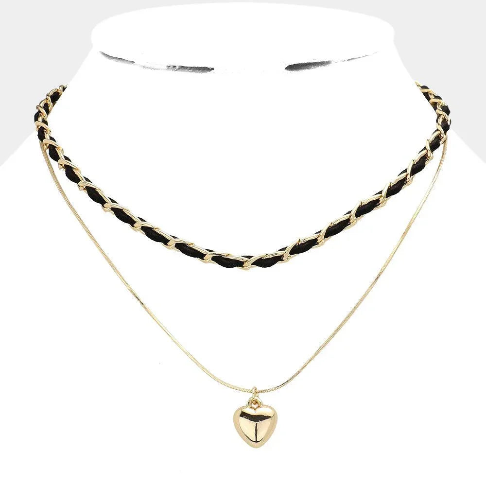 Gold Faux Suede Double Layered Metal Heart Pendant Necklace - Jewelry Store by Erik Rayo