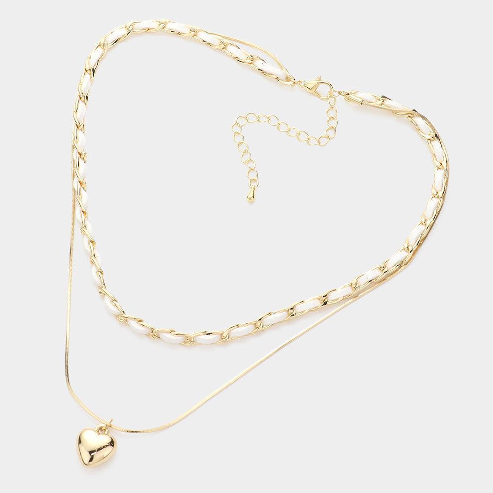 White Faux Suede Double Layered Metal Heart Pendant Necklace - Jewelry Store by Erik Rayo