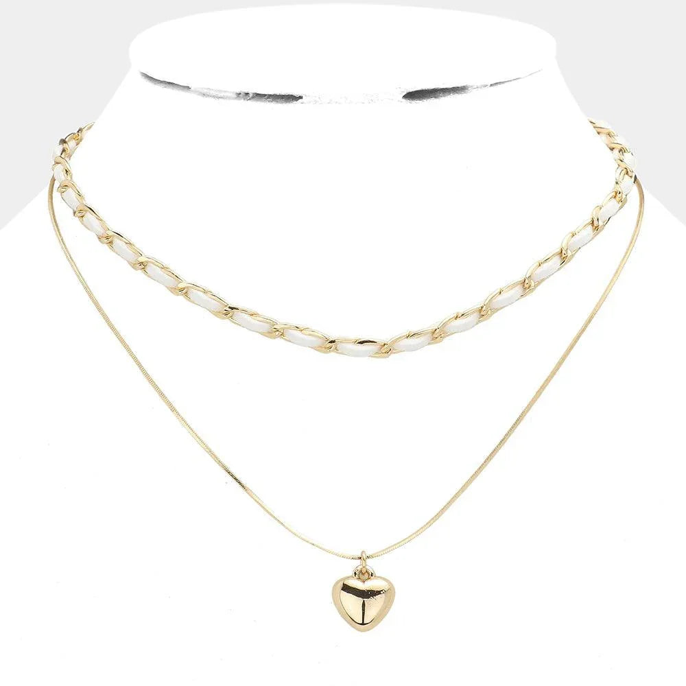 White Faux Suede Double Layered Metal Heart Pendant Necklace - Jewelry Store by Erik Rayo