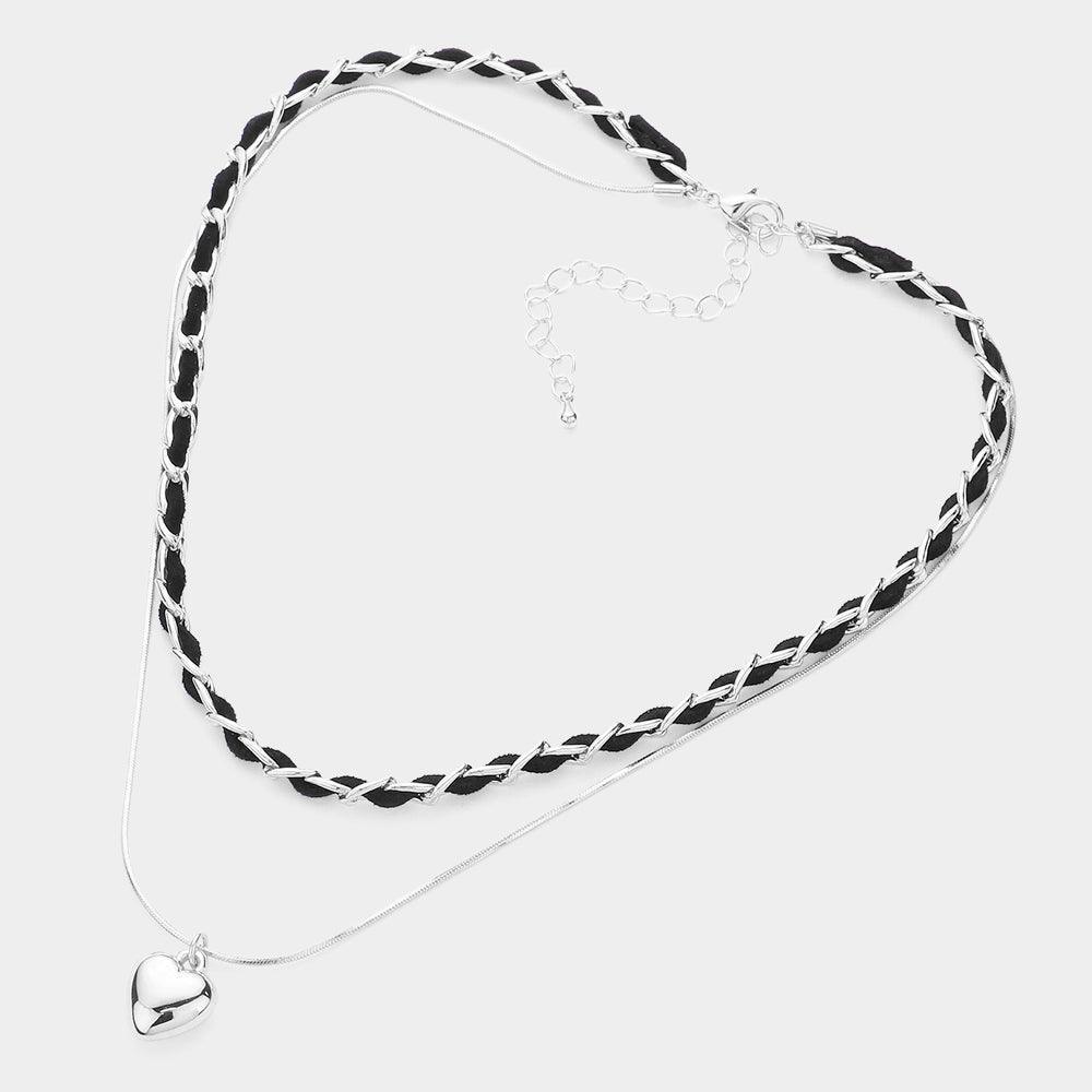 Black Faux Suede Double Layered Metal Heart Pendant Necklace - Jewelry Store by Erik Rayo