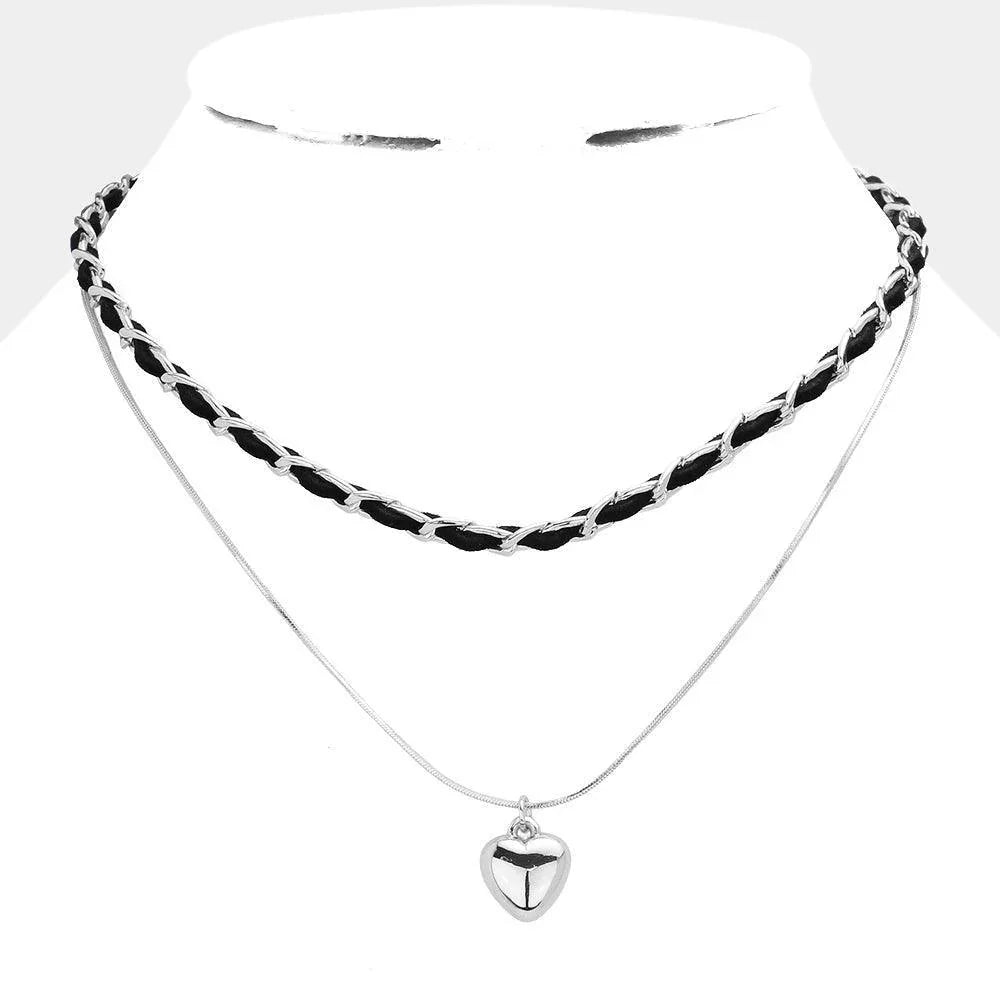 Black Faux Suede Double Layered Metal Heart Pendant Necklace - Jewelry Store by Erik Rayo