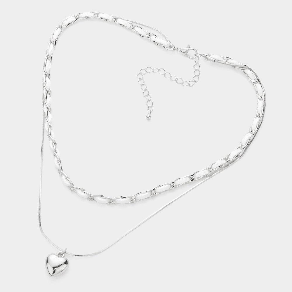White Faux Suede Double Layered Metal Heart Pendant Necklace - Jewelry Store by Erik Rayo