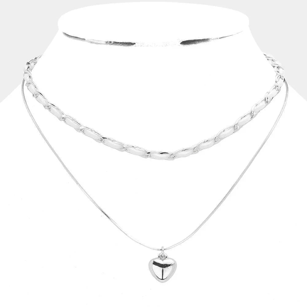 White Faux Suede Double Layered Metal Heart Pendant Necklace - Jewelry Store by Erik Rayo