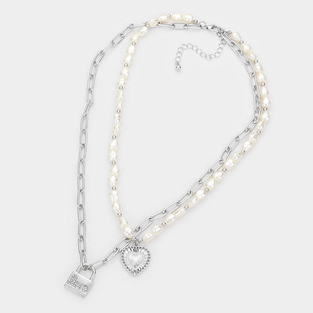 Metal Heart Rhinestone love Message Lock Pendant Double Layered Pearl Necklace - Jewelry Store by Erik Rayo