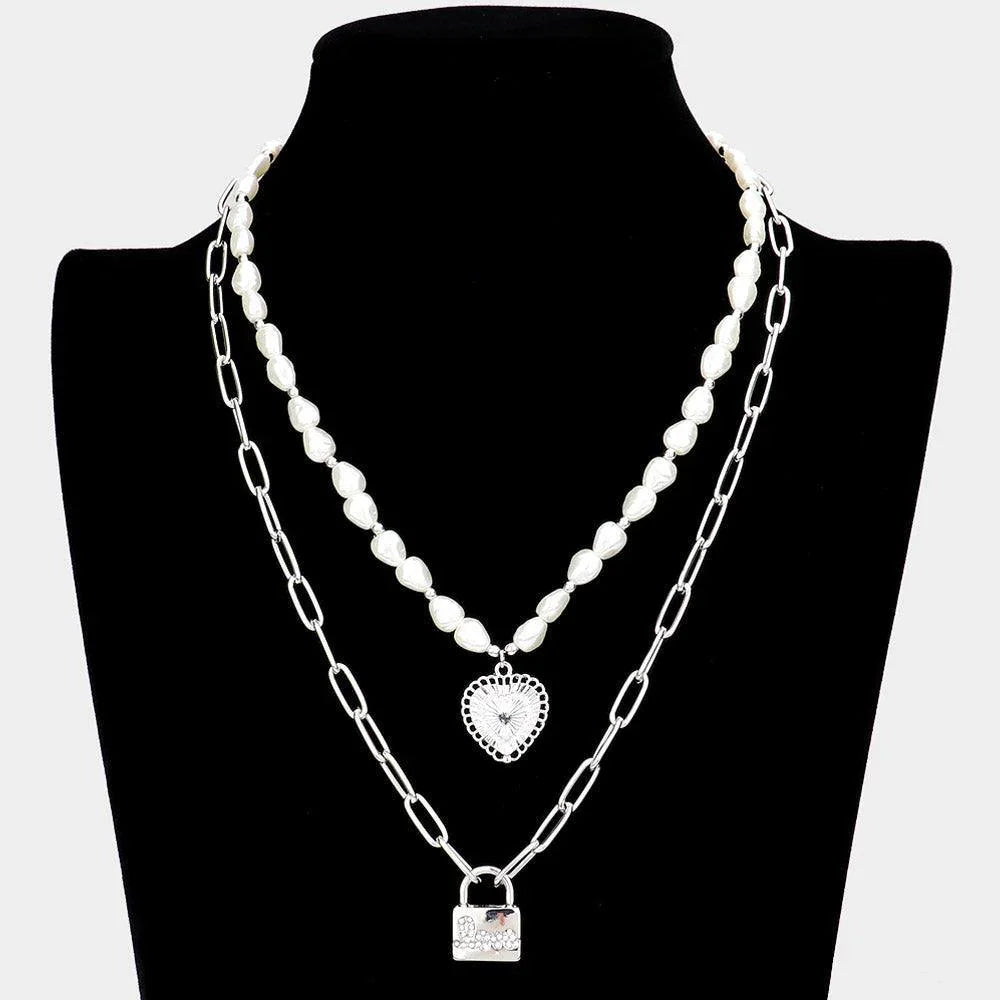 Metal Heart Rhinestone love Message Lock Pendant Double Layered Pearl Necklace - Jewelry Store by Erik Rayo
