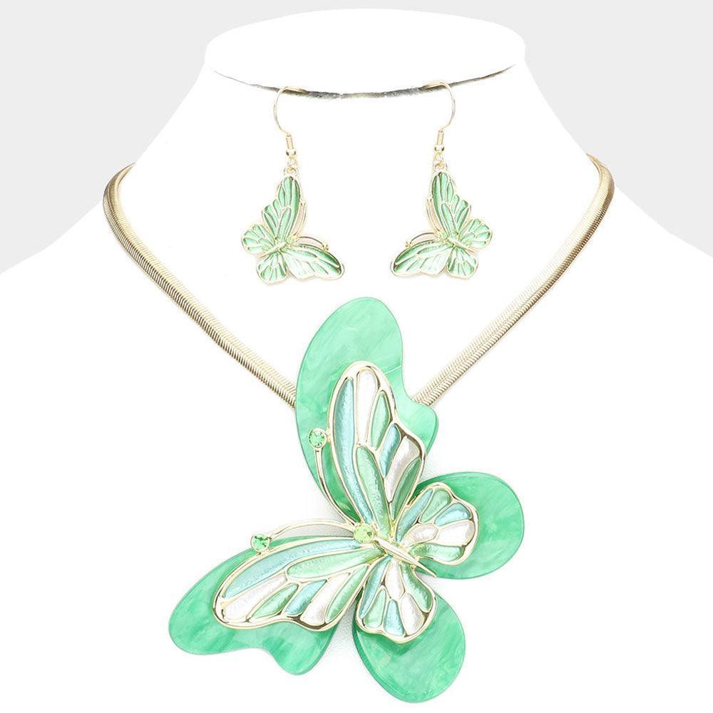 Green Celluloid Acetate Colored Metal Butterfly Pendant Necklace - Jewelry Store by Erik Rayo