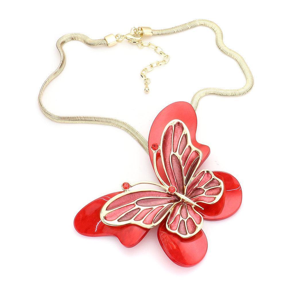 Red Celluloid Acetate Colored Metal Butterfly Pendant Necklace - Jewelry Store by Erik Rayo