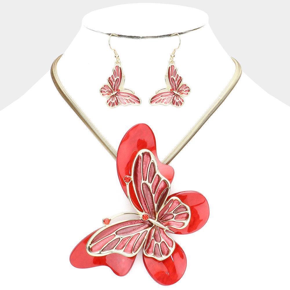 Red Celluloid Acetate Colored Metal Butterfly Pendant Necklace - Jewelry Store by Erik Rayo